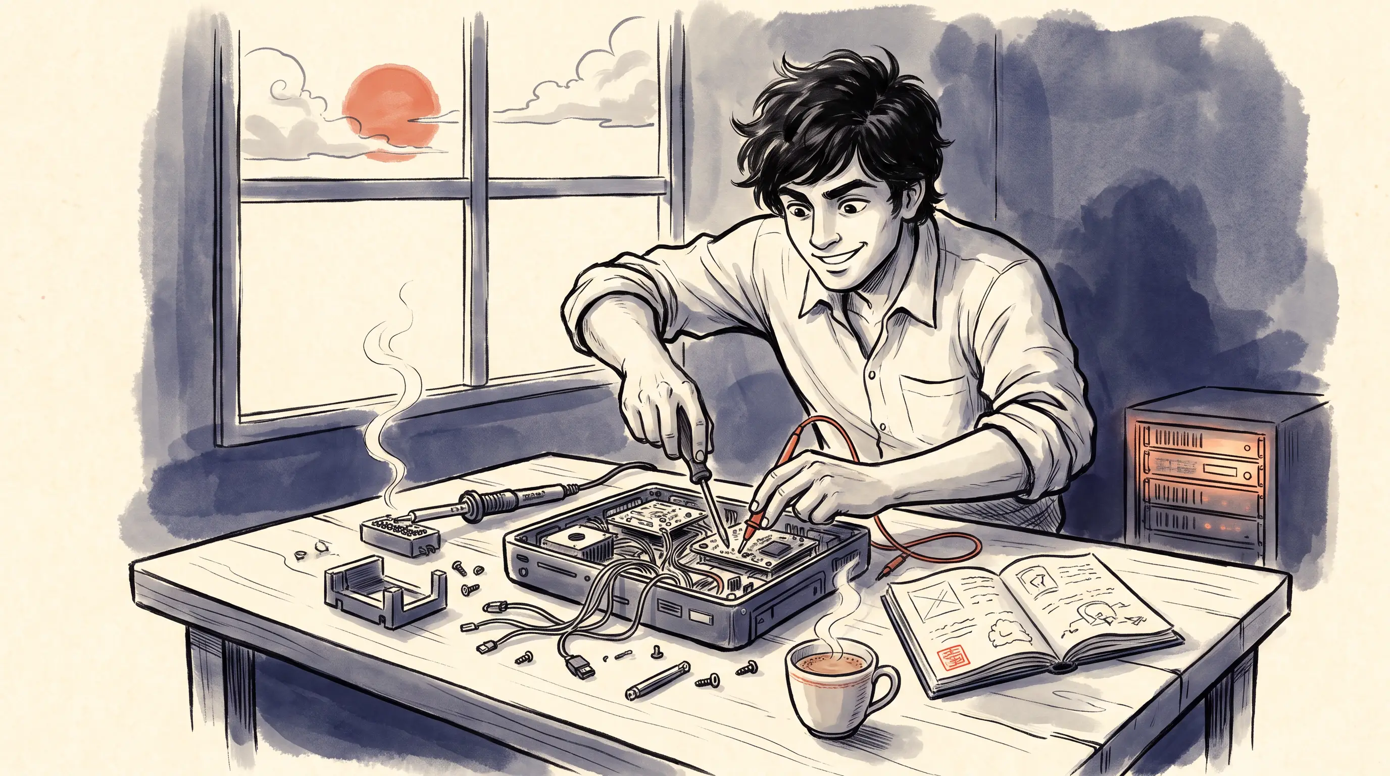 Ink-and-wash painting of Hridesh mid-experiment at his workbench — a half-disassembled machine open on the desk, screwdriver and multimeter probes in hand, soldering iron smoking, screws scattered, field journal open with a red seal, chai steaming